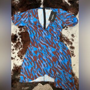 PrettyLittleThing Blue Leopard Print Wrap Drape Shift Dress